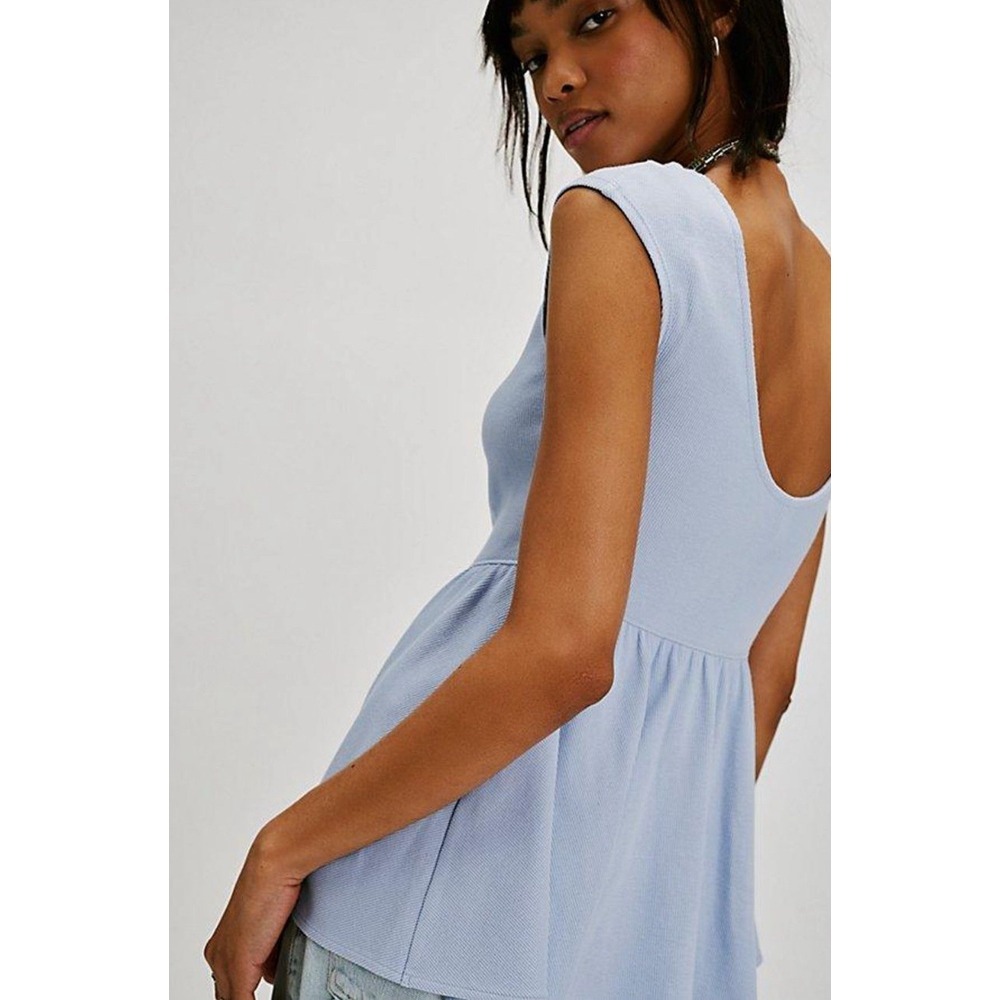 Free People Remember Me‎ Tunic Peplum Scoop Back Cap Sleeve Top Size XS Sky Blue